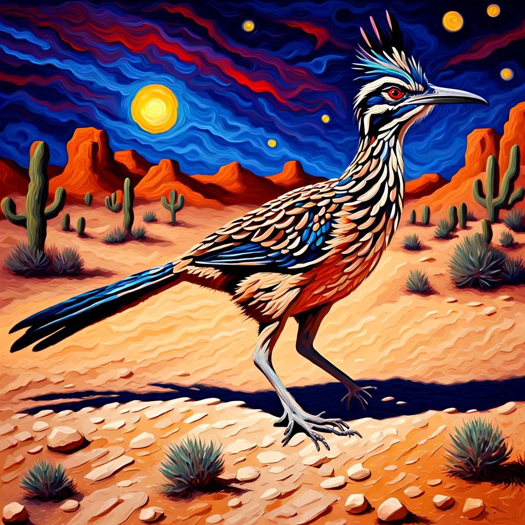 Roadrunner in Desert Night: Impasto Oil Painting