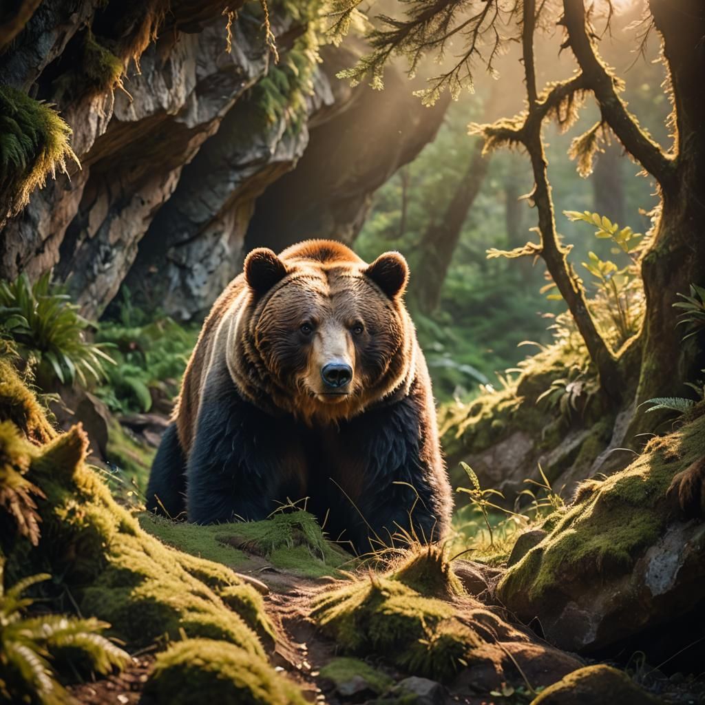 Bear in Cave: Wildlife Photography in Golden Light