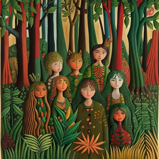 Naive Art Portrait: Children and Creatures in Forest