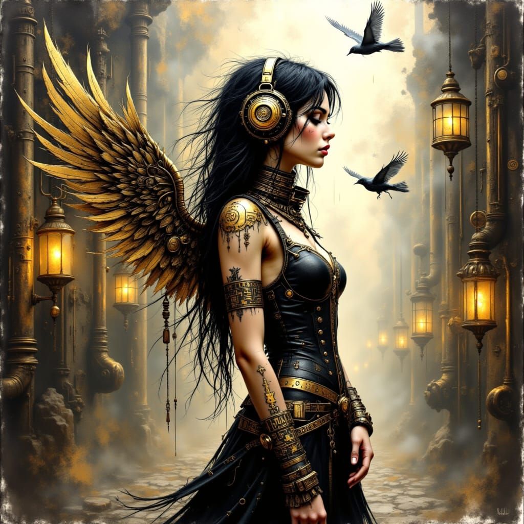 Steampunk Goddess with Copper Wings and Clockwork Majesty