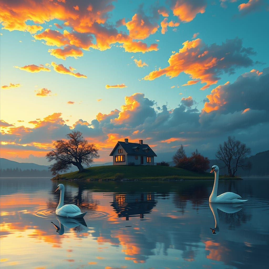 Sunset Lake House in Impressionist Style