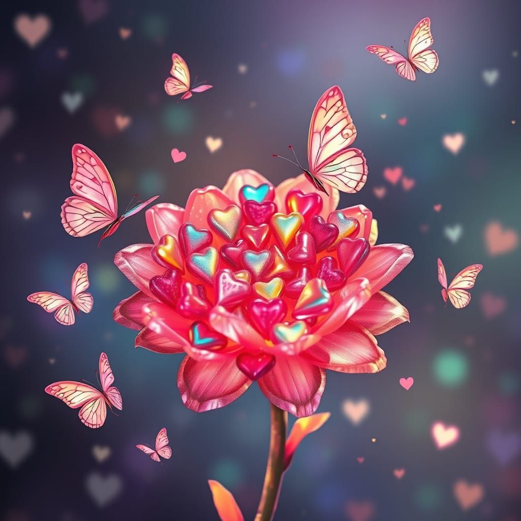 Whimsical Candy Heart Flower in a Dreamlike Cosmic Scene