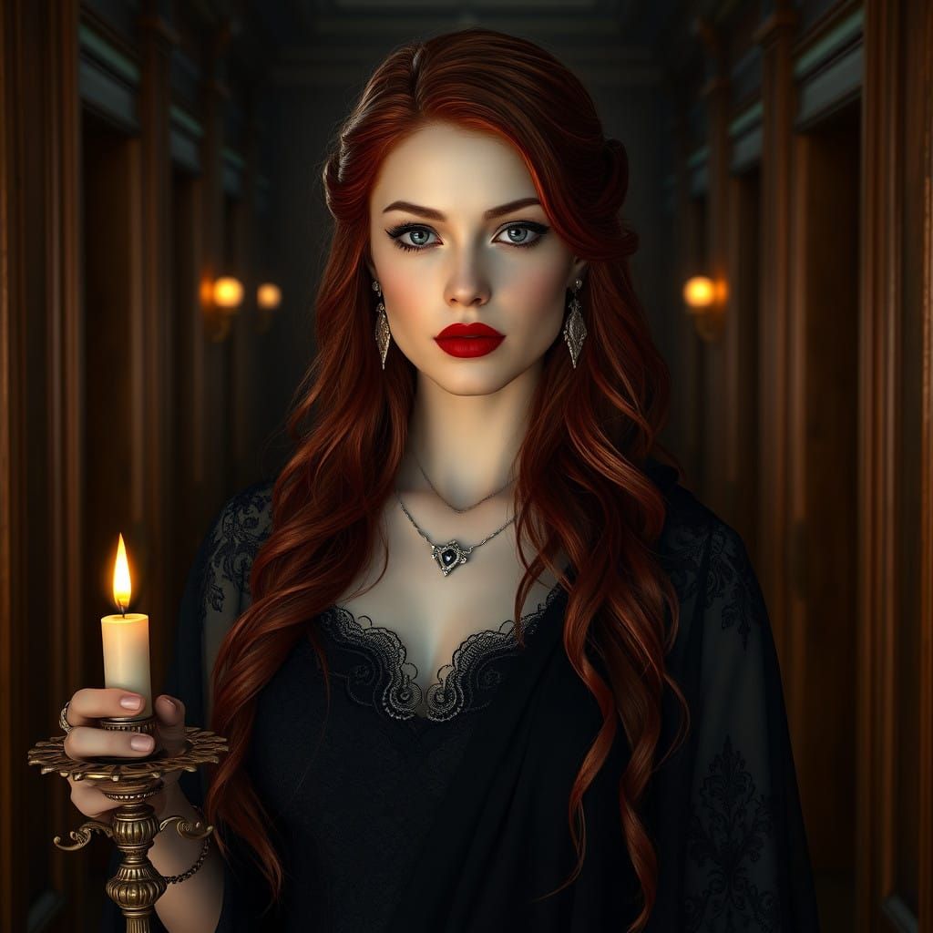 Regal Goddess in Grand Hallway, with Red Hair and Elegant At...