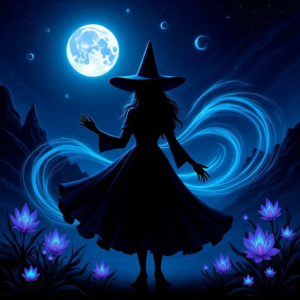 Witch Conjuring Dreamscape Under Harvest Moon