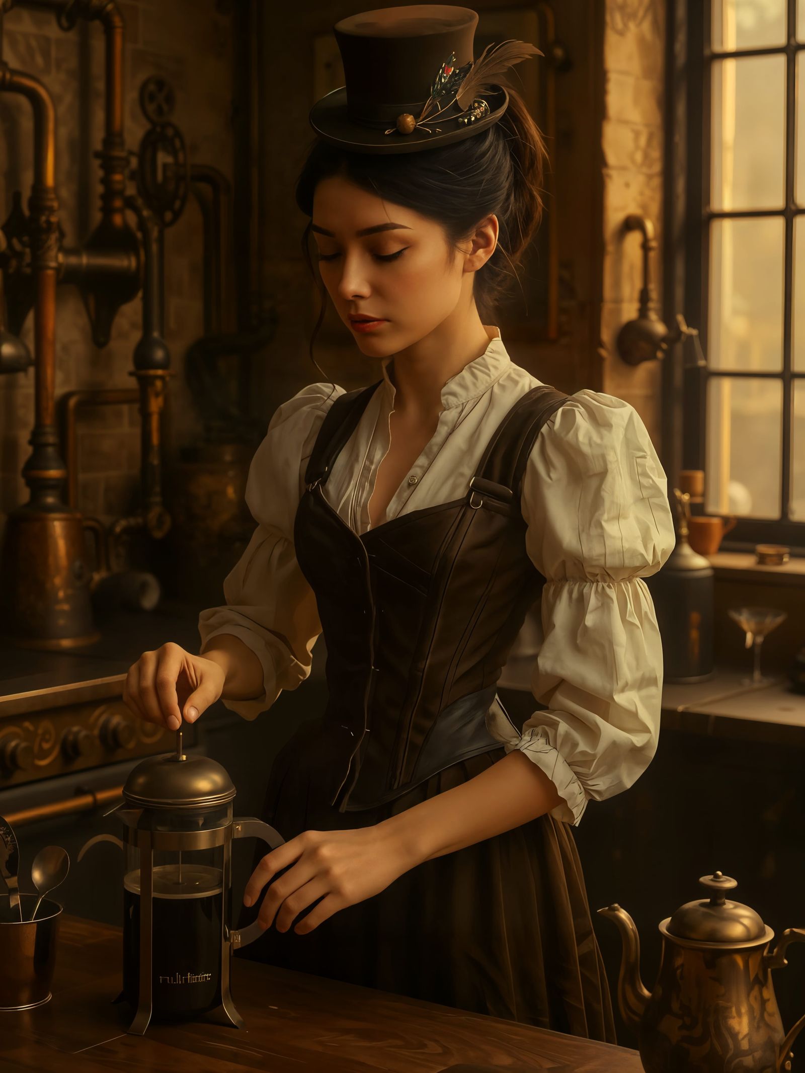 Steampunk Woman Brewing Coffee in Victorian Kitchen