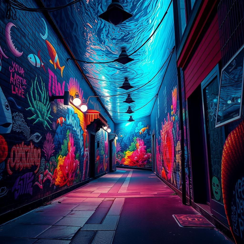 Vibrant Underwater Street Art in Cyberpunk Style