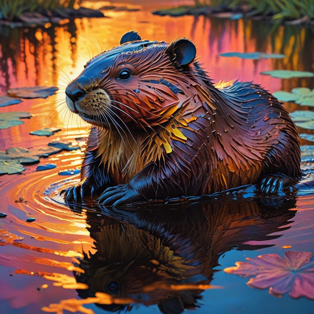 Beaver in Fauvist Expressionism with Impasto Inks
