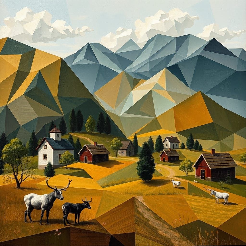 Cubist Village with Animals in Encaustic Style