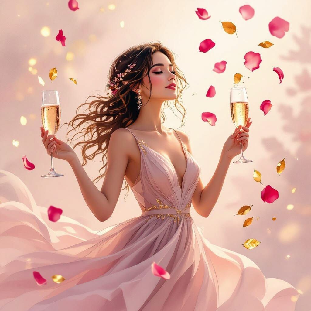 Elegant Girl Scattering Rose Petals: Watercolor Style