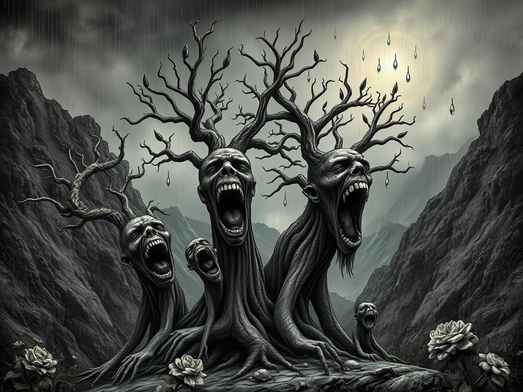 Tree Family Wailing in Mountain Landscape