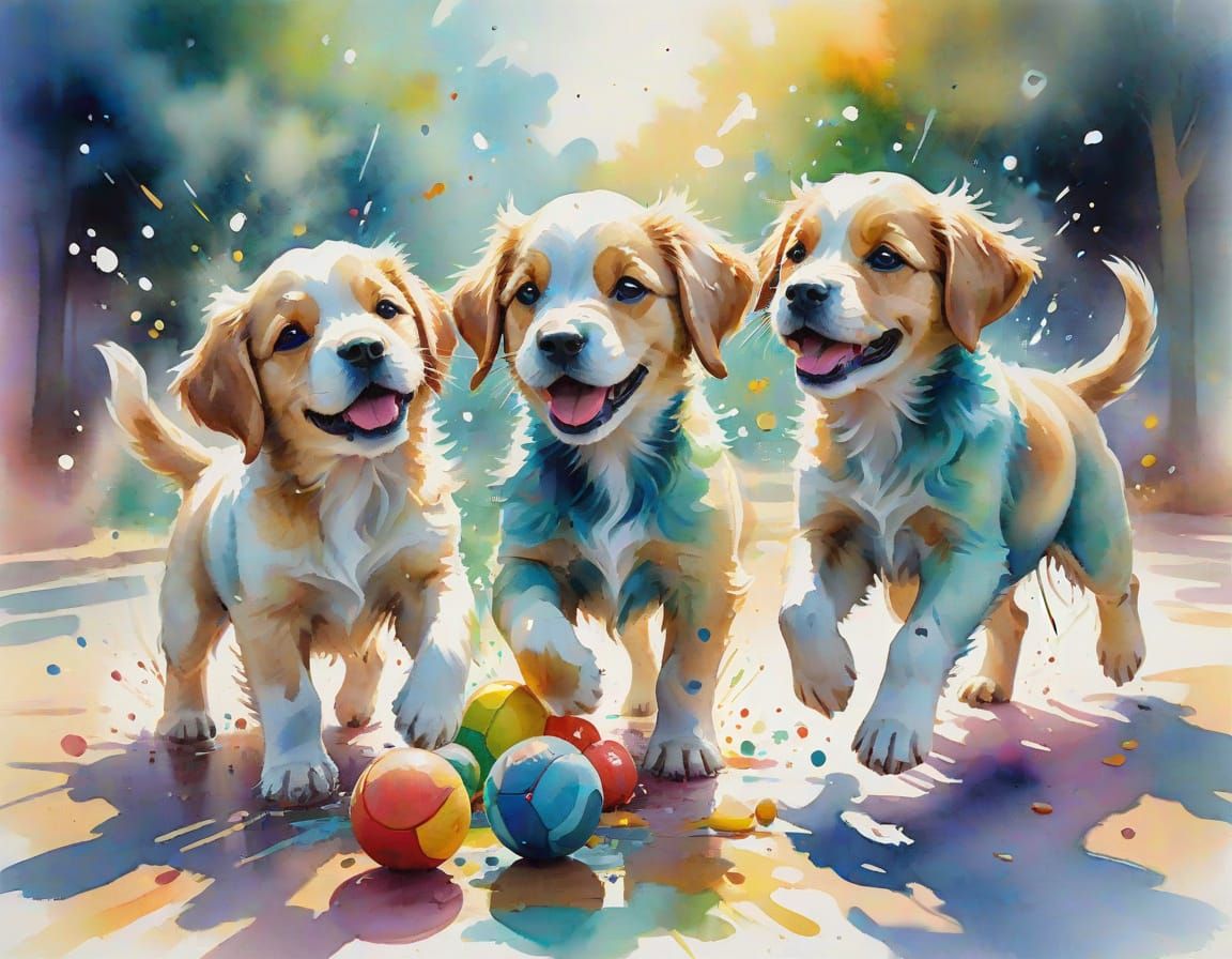 Whimsical Watercolor Puppies in Playful Impressionist Style