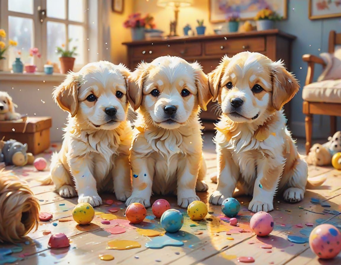 Whimsical Watercolor Puppies at Play