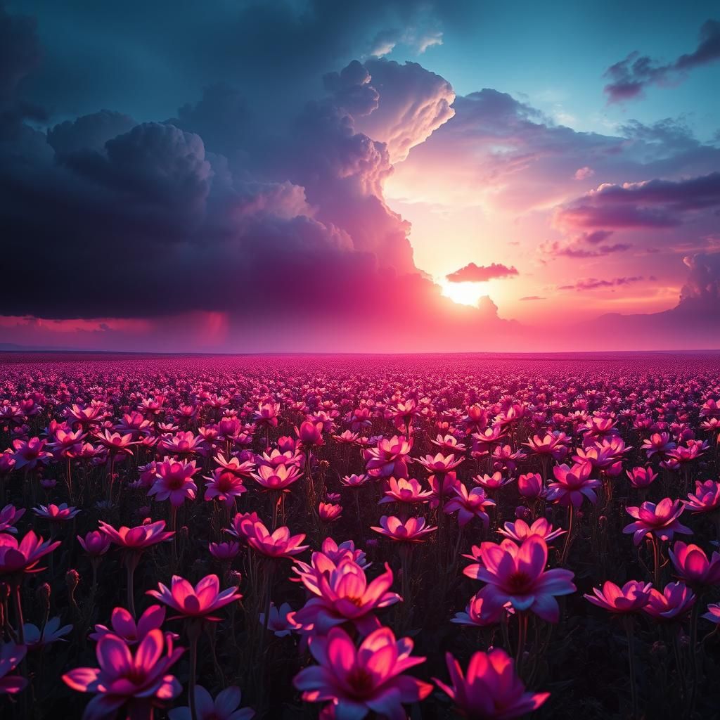Ethereal Glow: Iridescent Flowers Under Stormy Sky