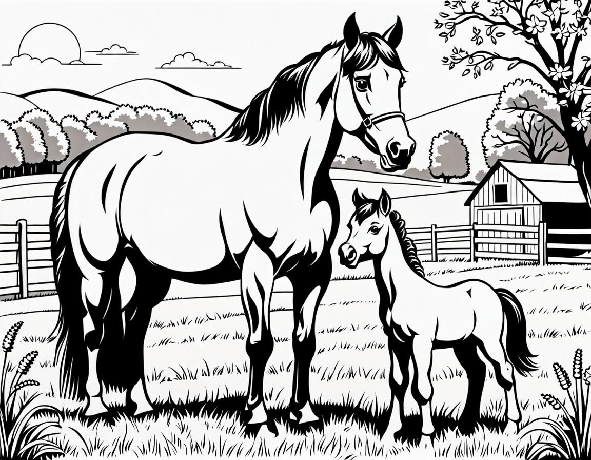 Coloring Book Page: Horse and Foal Line Art