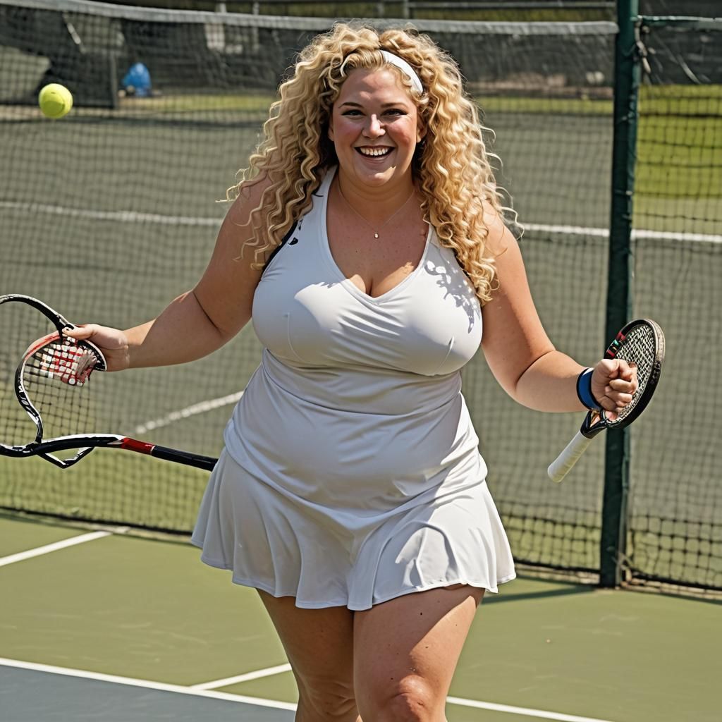 Ogre Woman Plays Tennis on the Court
