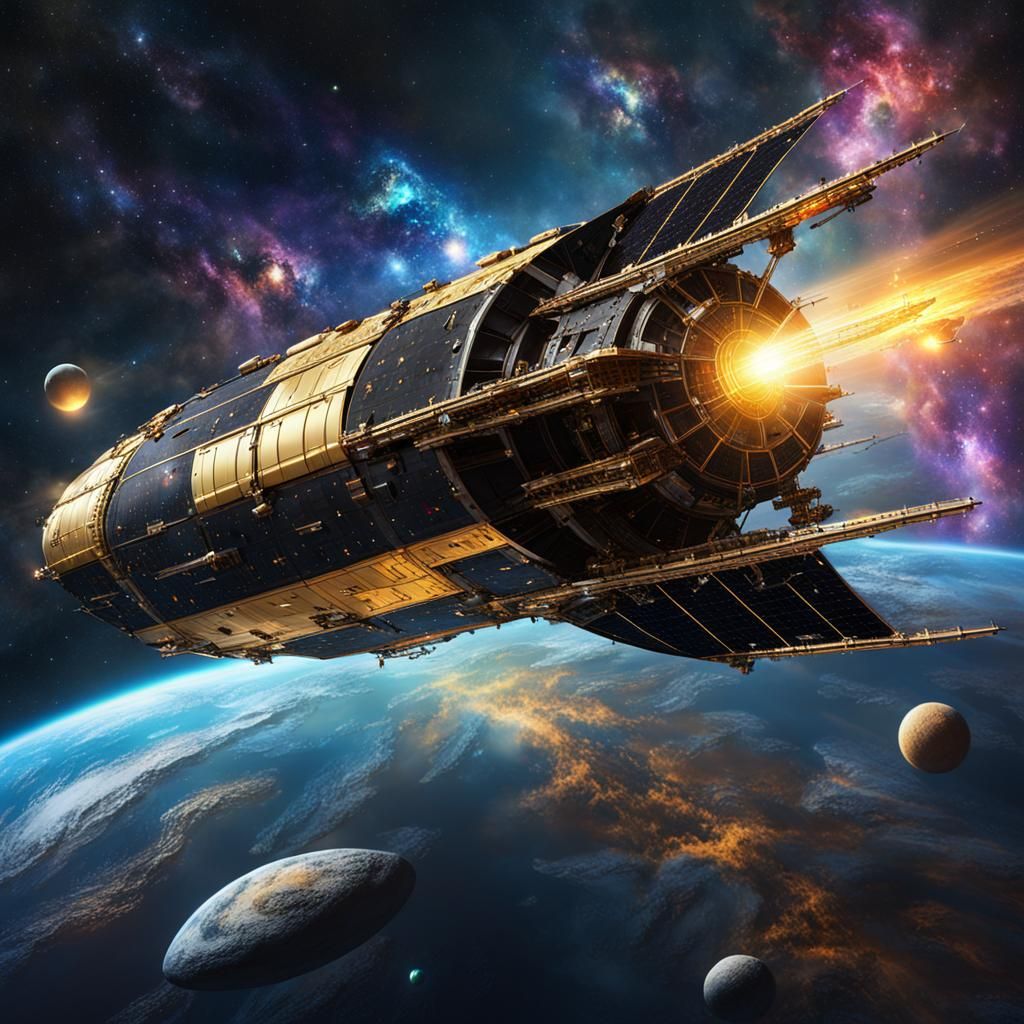 Solar Spacecraft Rides Light Beam: Hyperrealistic Art