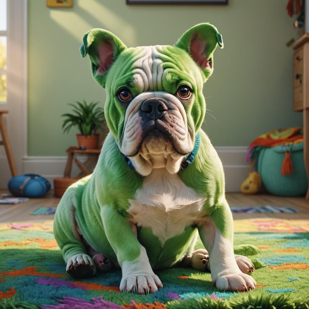 Green-Haired Bulldog in Pixar-Style 3D Digital Art