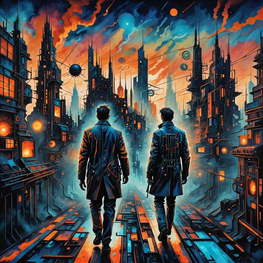 Biomechanical Figure on Cityscape, Abstract Expressionism