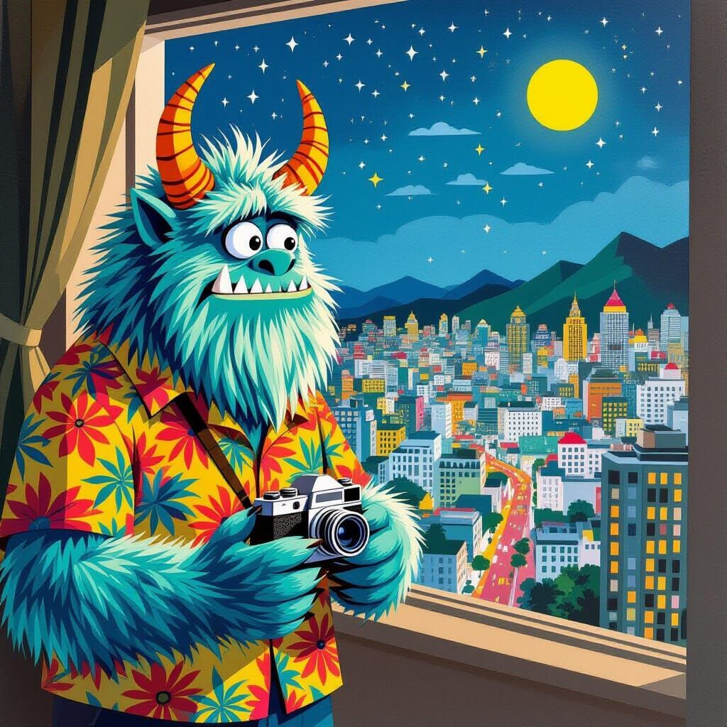 Hairy Monster's Big City Adventure in Collage Style