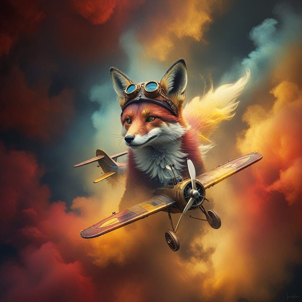 Steampunk Fox Takes to the Skies in Burgundy and Blue