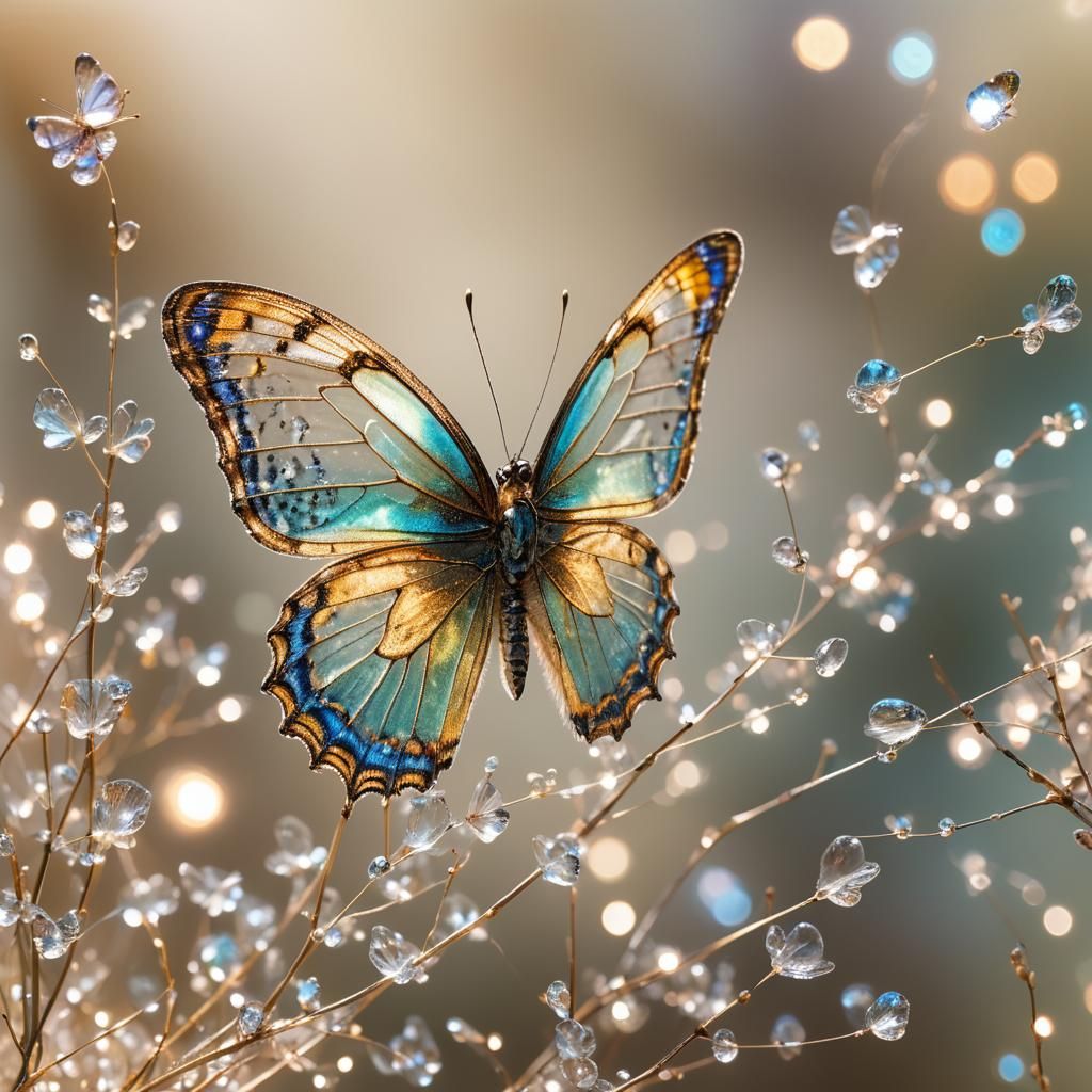 Butterfly Emerges from Crystal Glass in Macro Photograph