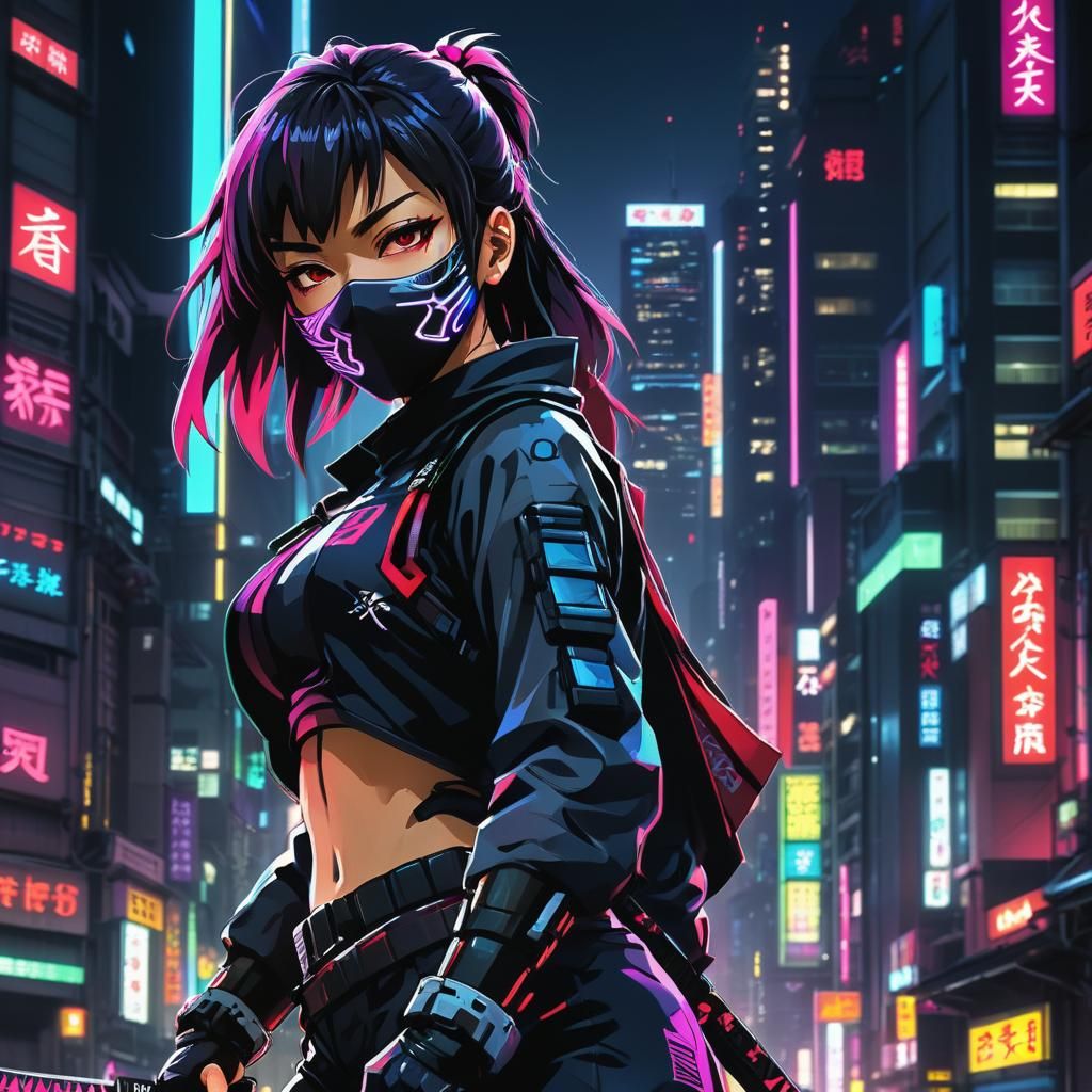 Cyberpunk Ninja in Neon Cityscape
