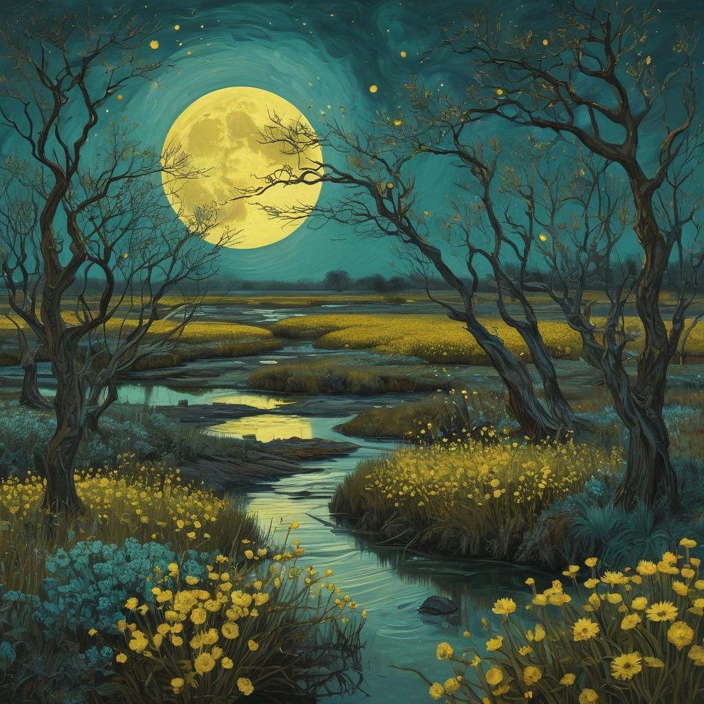 Whimsical Yellow Moon Shines Over Enchanted Marshes