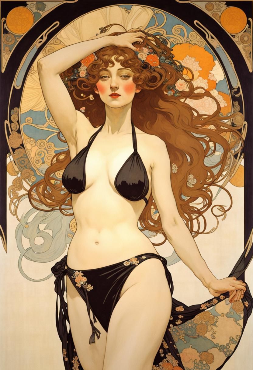 Art Nouveau Portrait of Japanese Model in Bikini