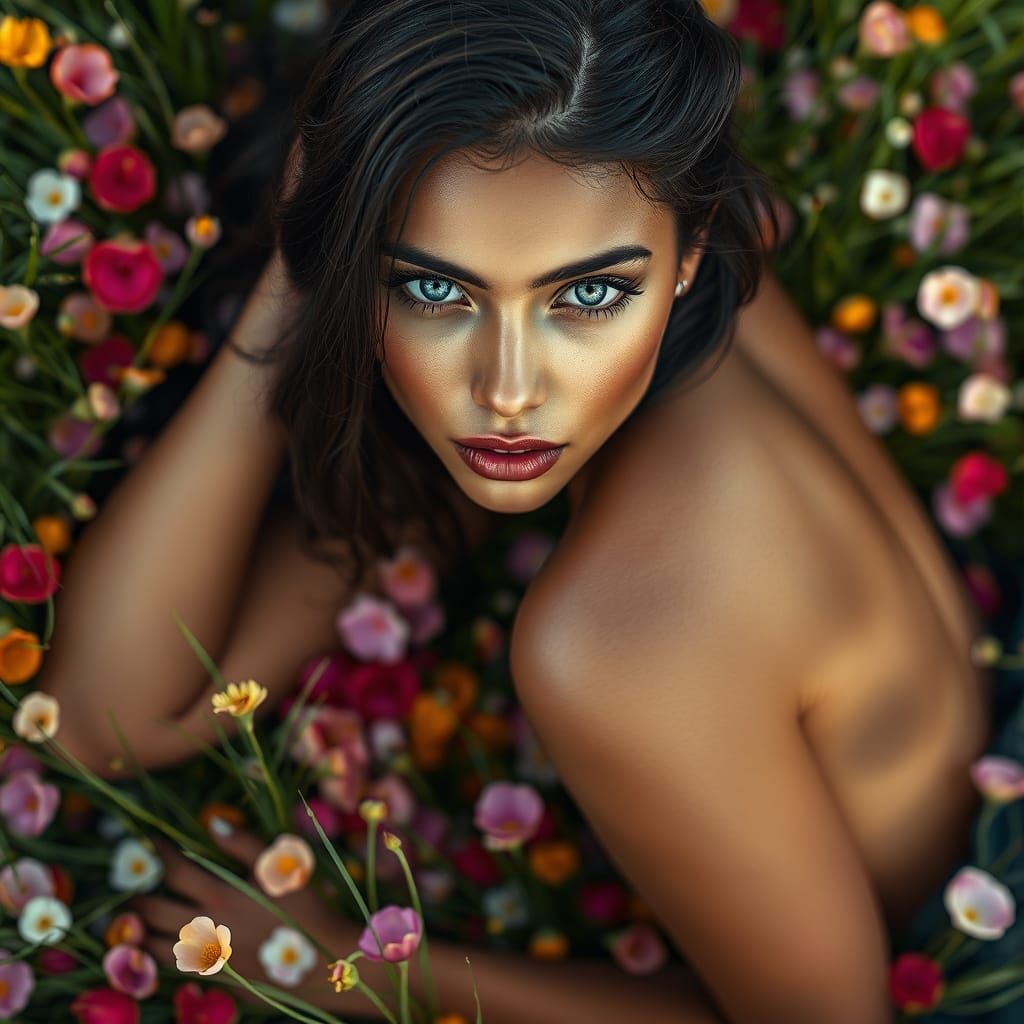 Woman in Flower Field: Hyperdetailed Art Nouveau Portrait