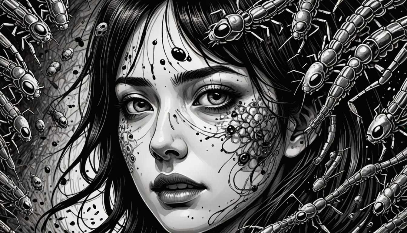 Junji Ito Style: Woman's Face Melts into Insects