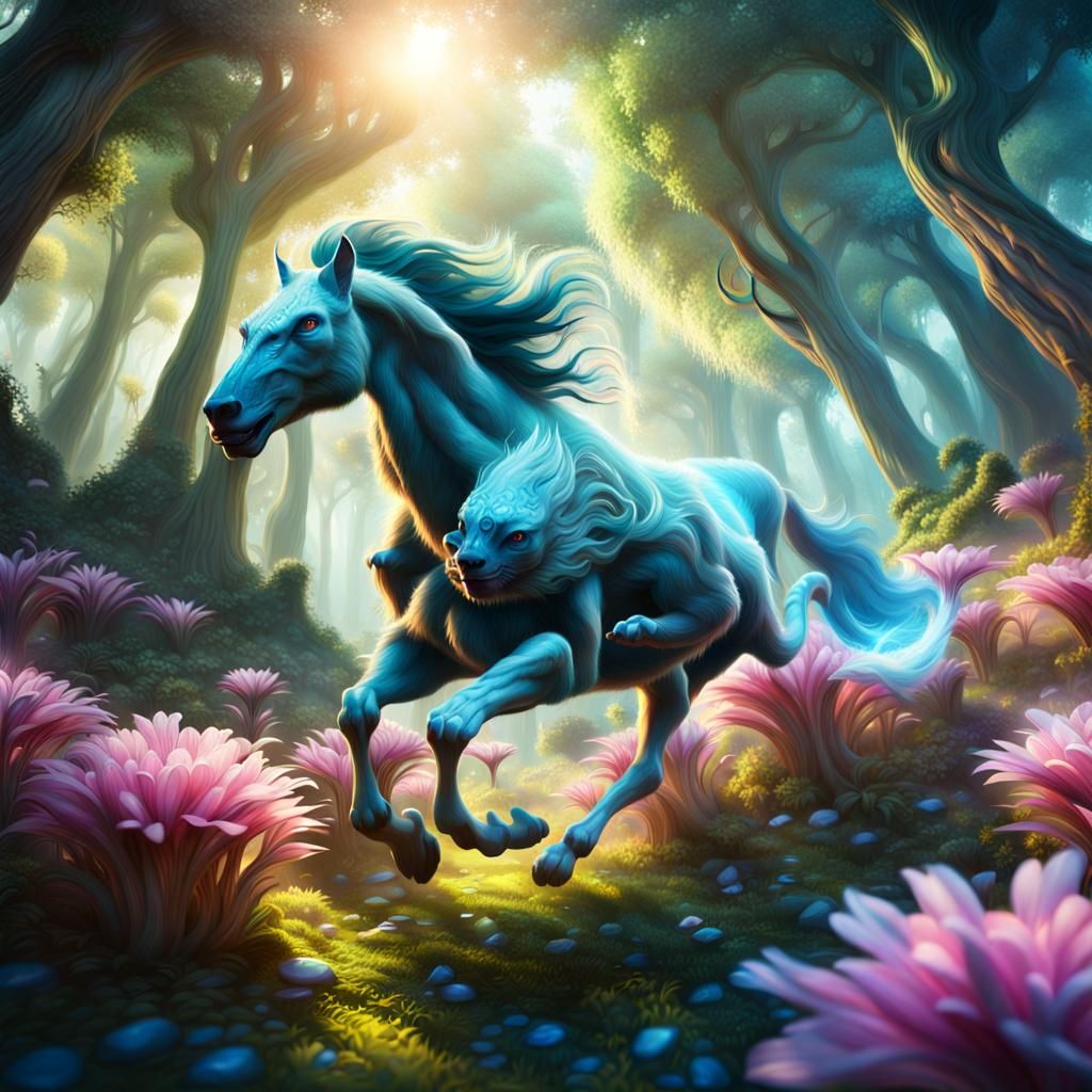 Ethereal Creature Leaps Through Fantasy Flower Forest