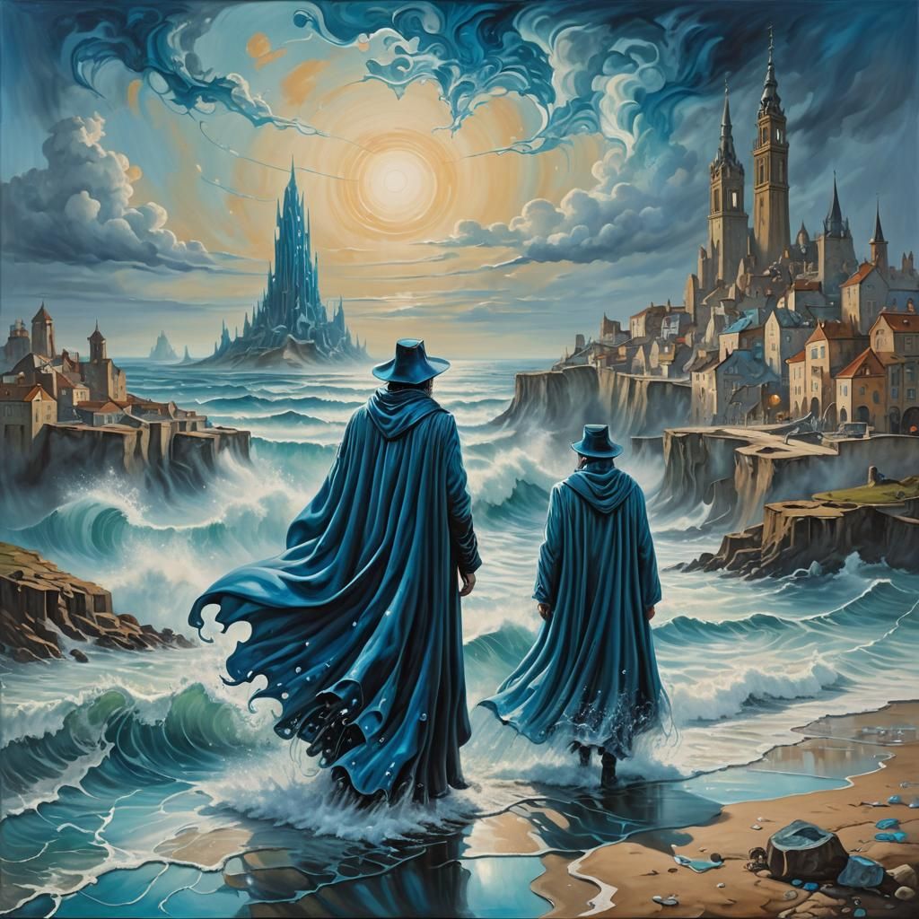 Blue Wizard at Melting Cityscape, Surreal Oil Painting