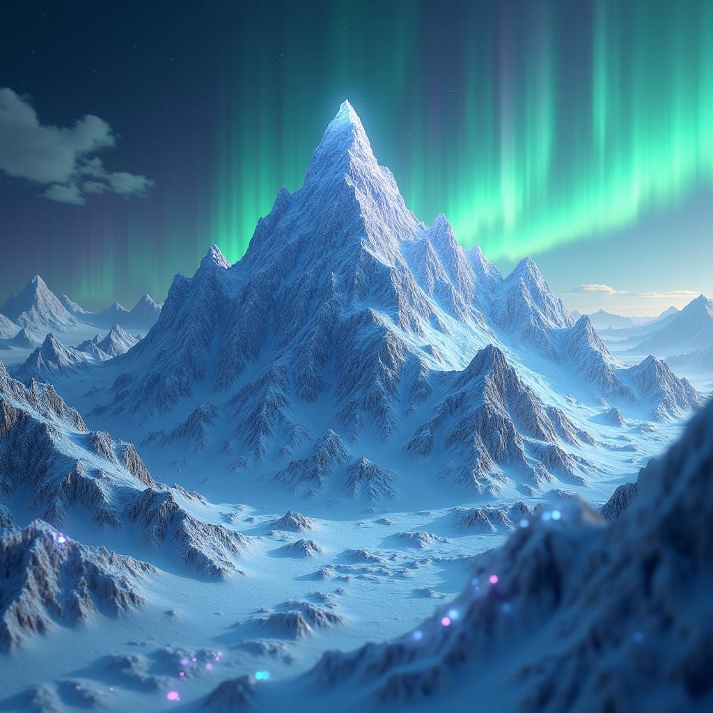 Glass Mountains Reflecting Aurora Borealis in Digital Art