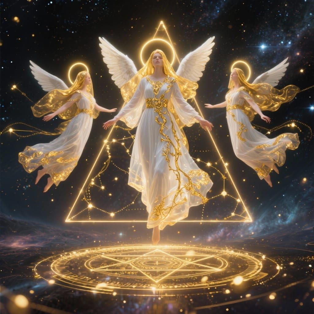 Angelic Figures in Cosmic Void, Hyper-Realistic Style