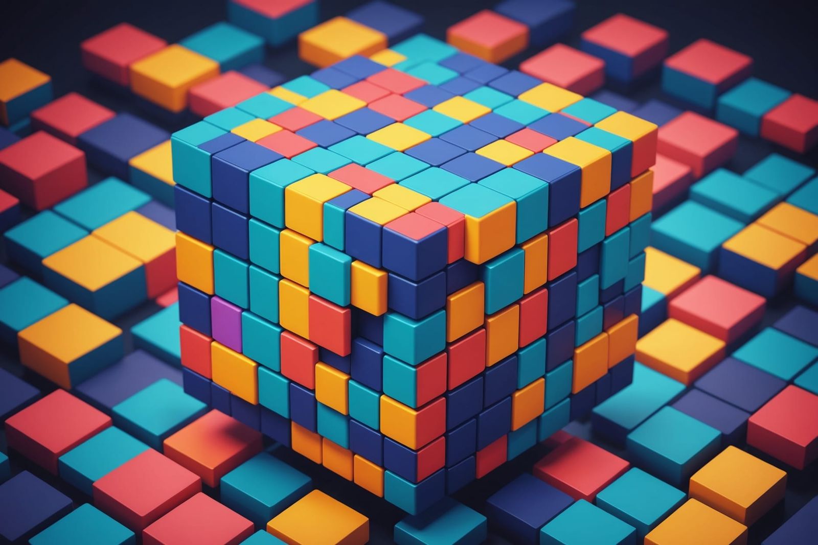 3D Pixel Cube in Digital World: Retro Art