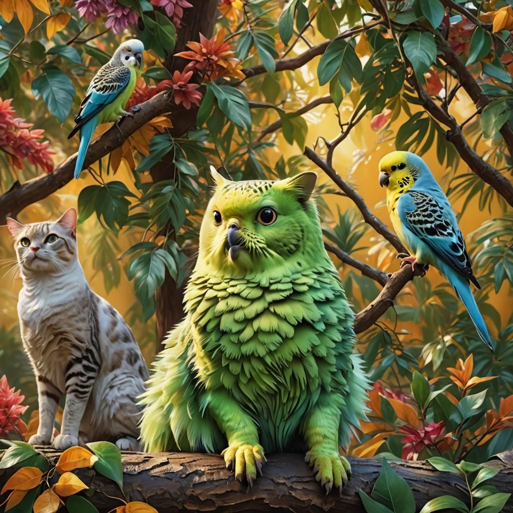 Budgerigar, Cat, and Labrador Balanced on a Tree
