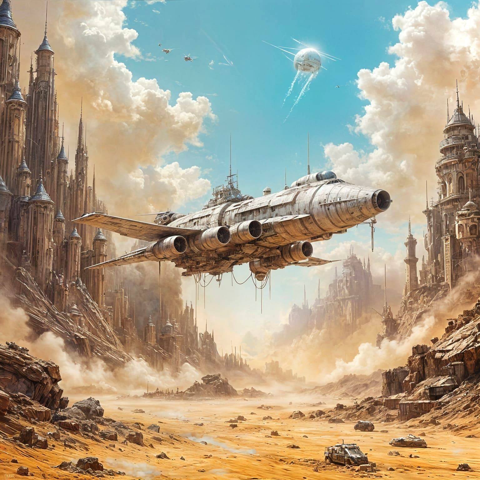 Dreadnought Landing on Alien Planet, Retro Sci-Fi Art