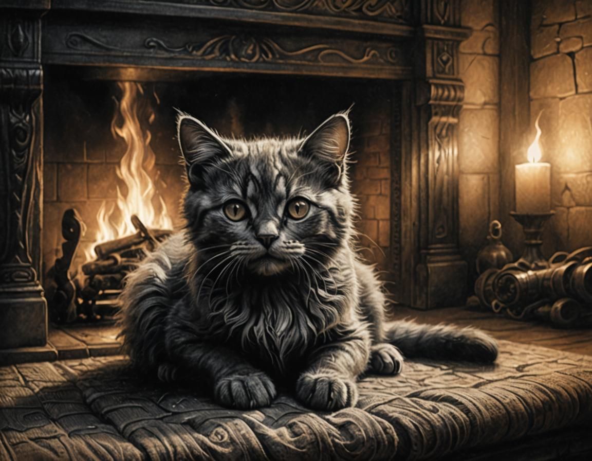 Ghost Kitten by Fireplace: Charcoal Drawing with Eerie Atmos...