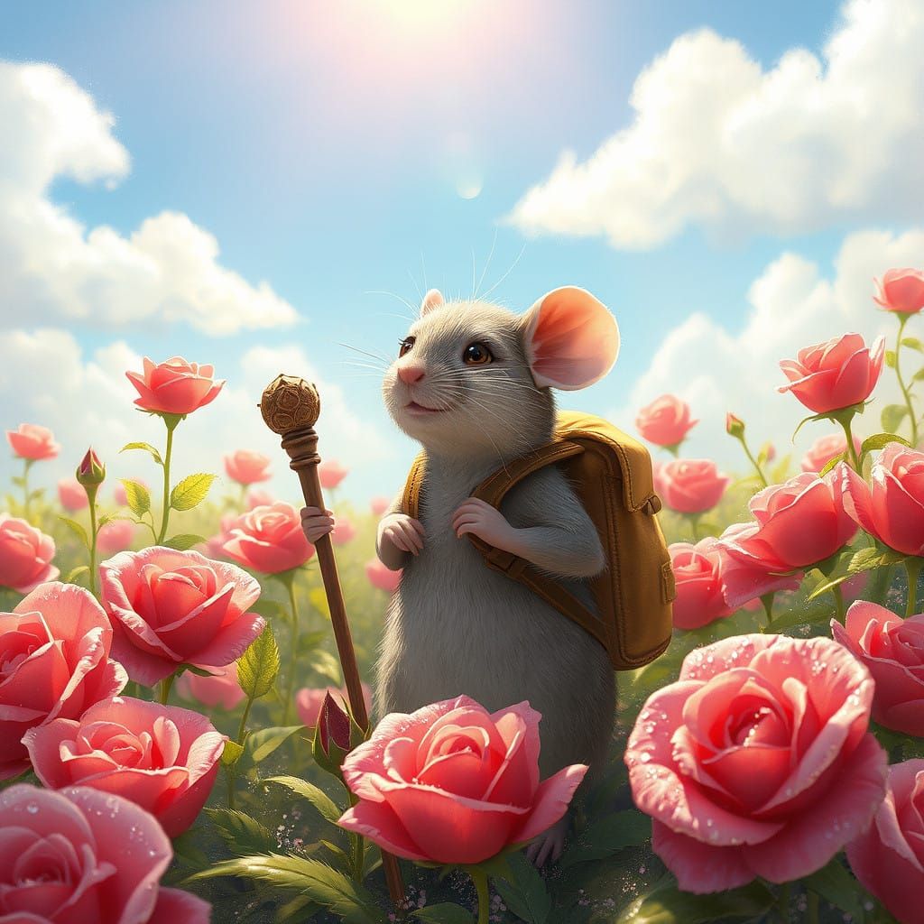 Whimsical Rat Amidst Vibrant Roses in a Dreamy Landscape