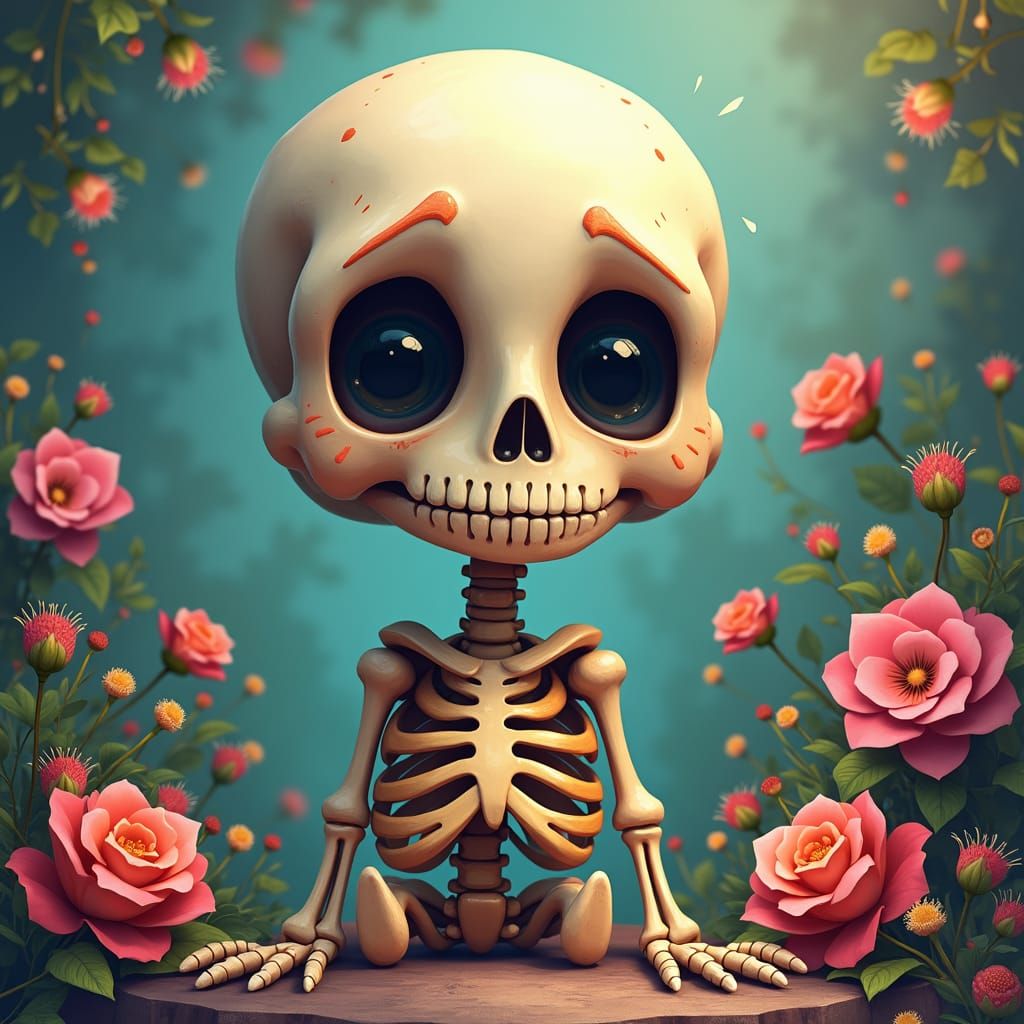 Radiant Pastel Skeleton with Oversized Head and Expressive E...