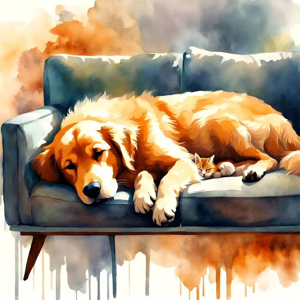 Golden Dog and Kitten in Dreamy Watercolor Scene