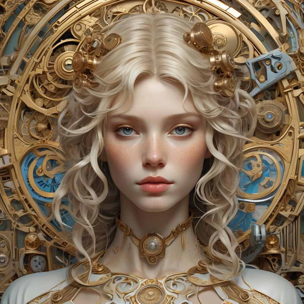 Mechanical Porcelain Woman Portrait in Art Nouveau Style