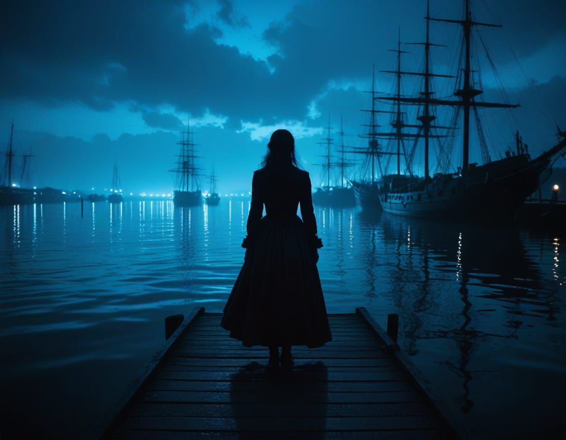 Monochromatic Blue 1700s Dock Scene with Schooners