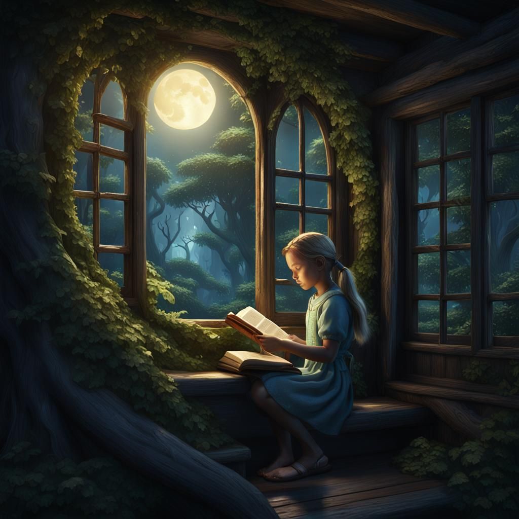 Moonlit Girl Reading in Lush Treehouse
