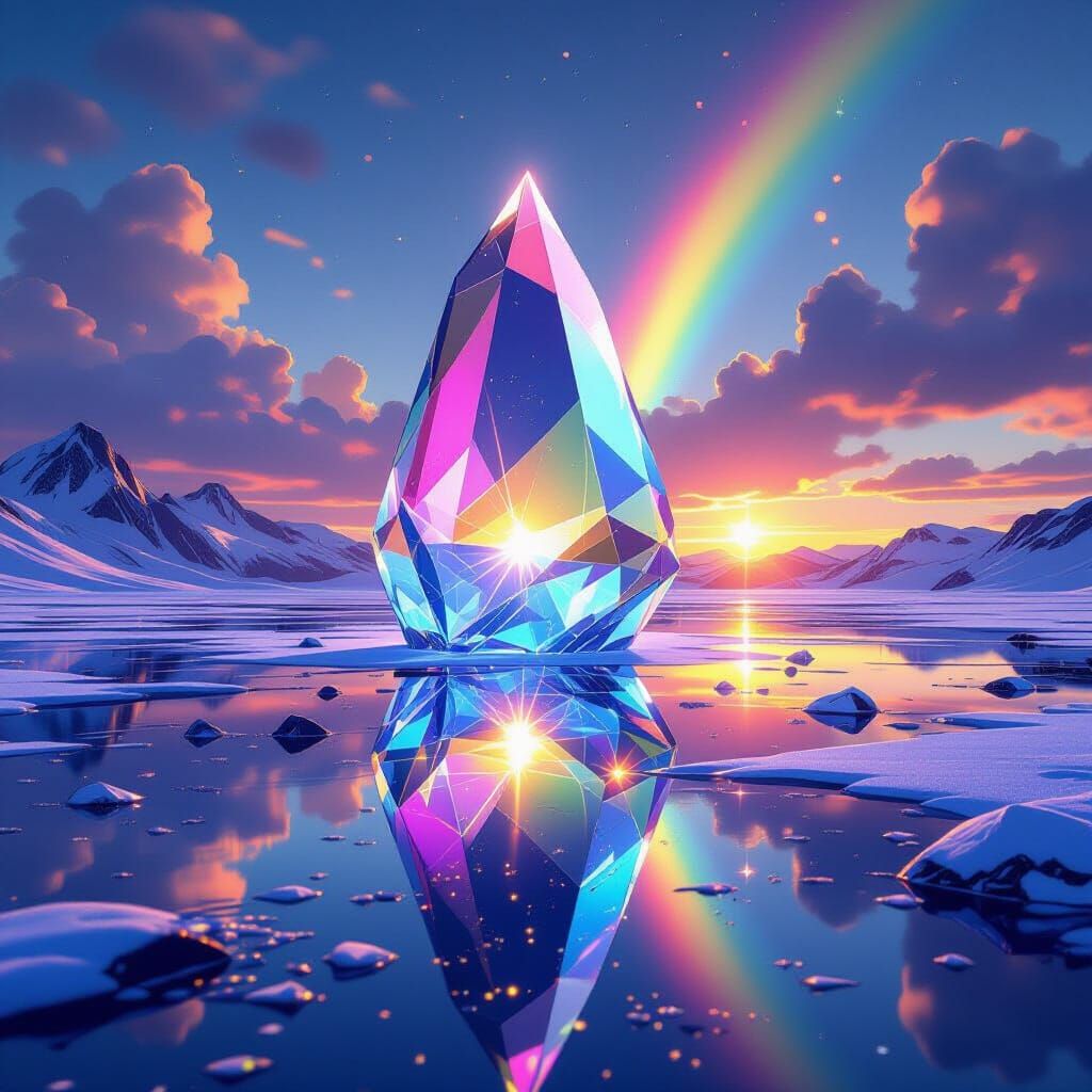 Crystal Prism Landscape with Rainbow Reflection