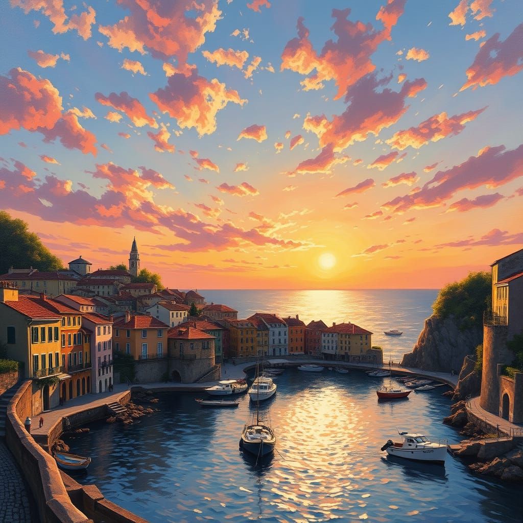 Vibrant Seaside Village at Sunset, Oil Painting Style