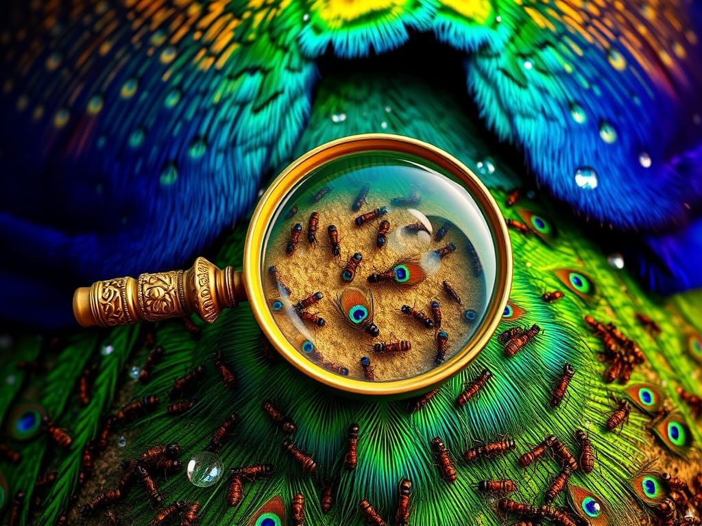 Peacock Illuminated by Ants and Antique Magnifying Glass in....