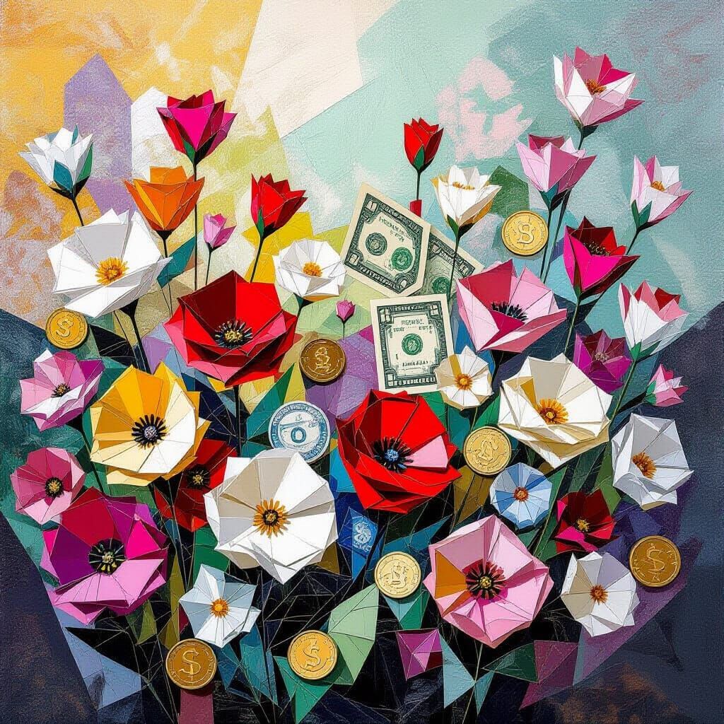 Money Flower Garden in Cubist Abstract Style