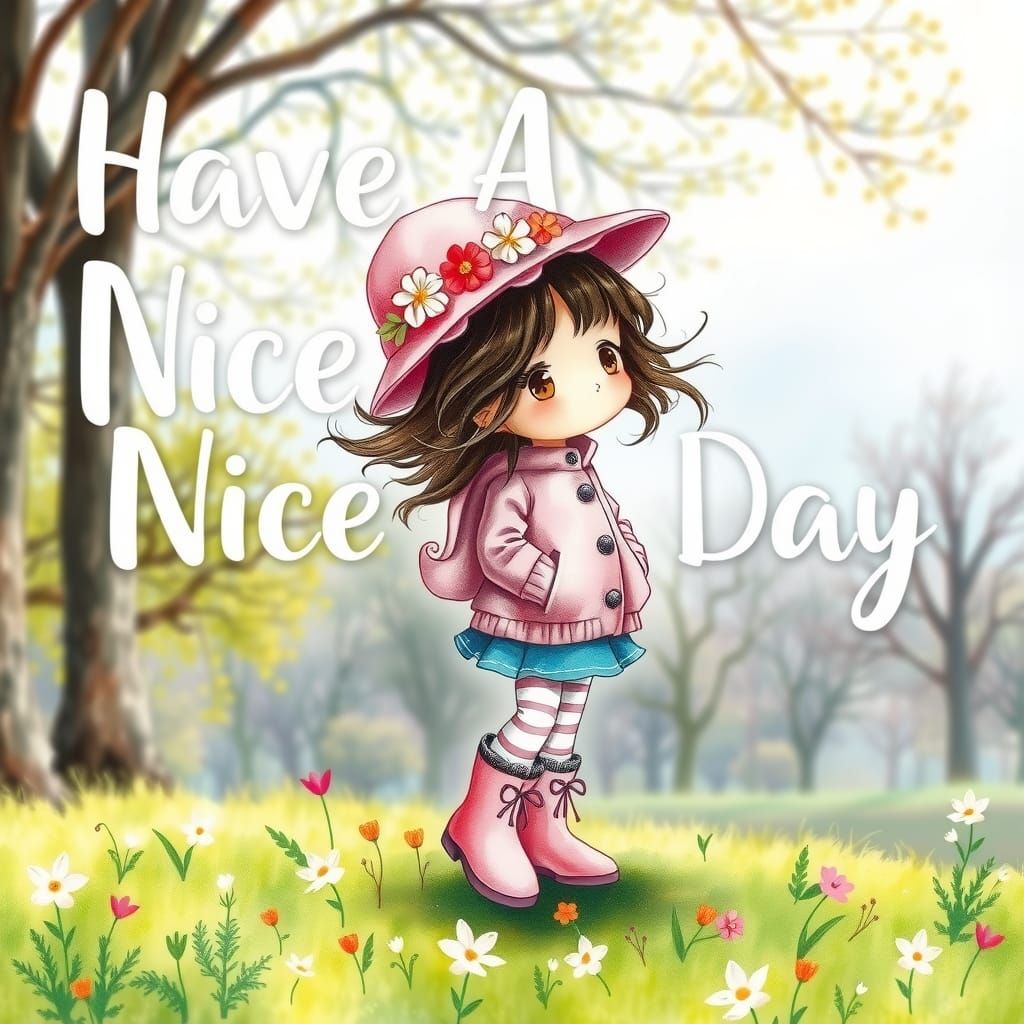 Whimsical Watercolor: Girl with Flowers on a Windy Day