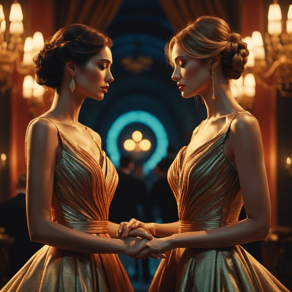 Two Women in Evening Dresses, Vibrant Oil Painting